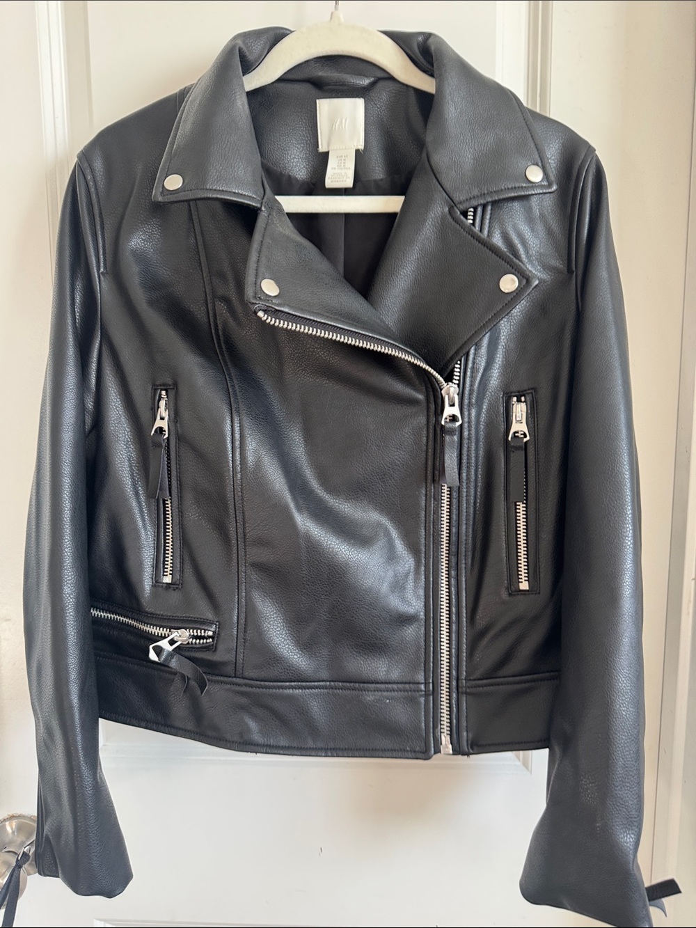 H&M Black Faux Leather Moto Jacket with Silver Hardware